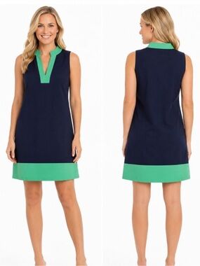 Sail to Sable Classic Colorblock Shift Dress Women's Navy Green Sleeveless
